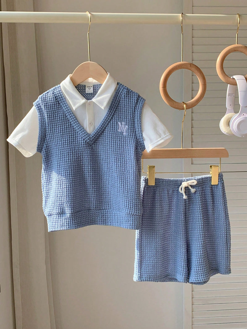 2 peças Conjunto de Camiseta Gráfica Simples e Shorts Casuais para Meninos, Tecido Macio e Confortável Tipo Waffle com Padrão de Letras, Adequado para Uso Diário, Escola, Viagem, Esportes, Primavera/Verão