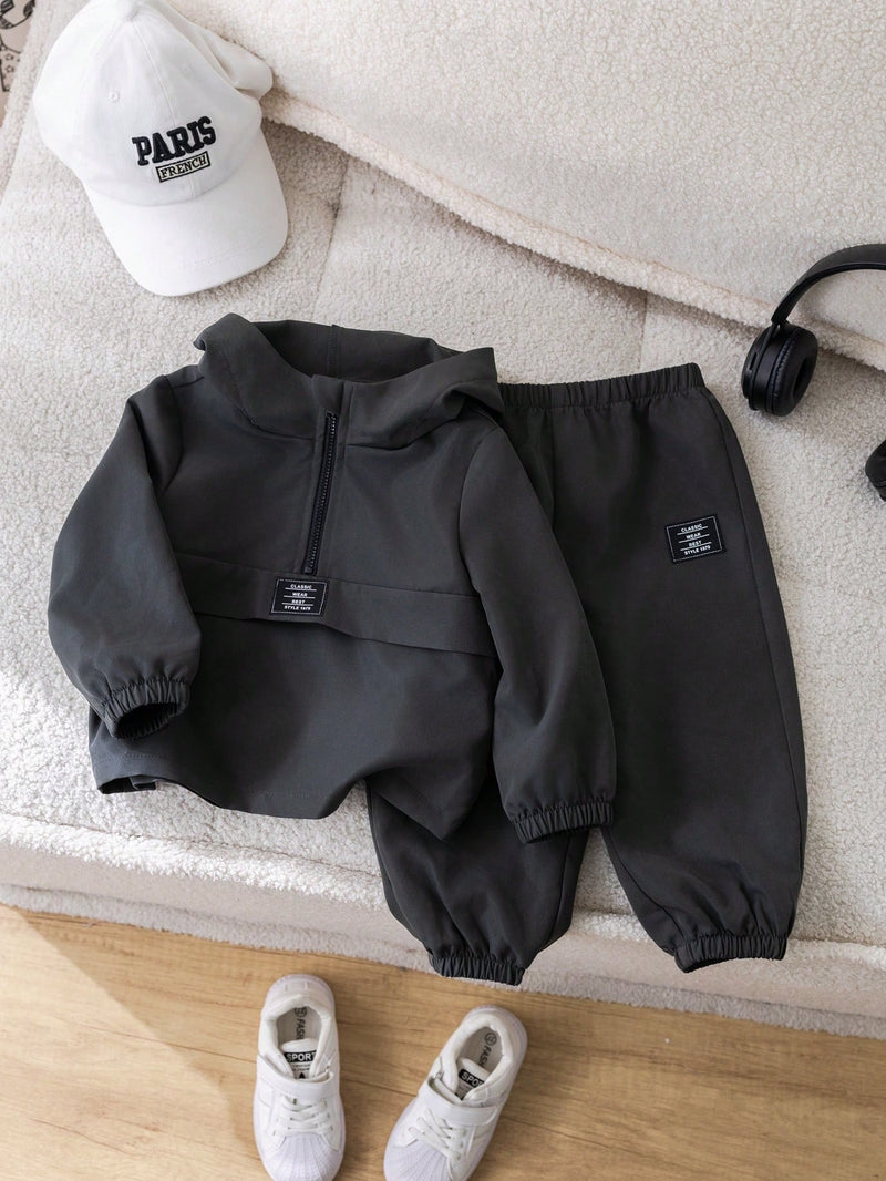 2 Peças Conjunto de Roupa de Outono Verde para Bebê Menino - Moletom com Capuz com Costura Decorativa e Calça com Cintura Elástica, Conjunto Esportivo Casual Combinável Adequado para Uso Externo e Doméstico