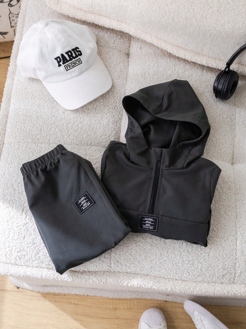 2 Peças Conjunto de Roupa de Outono Verde para Bebê Menino - Moletom com Capuz com Costura Decorativa e Calça com Cintura Elástica, Conjunto Esportivo Casual Combinável Adequado para Uso Externo e Doméstico
