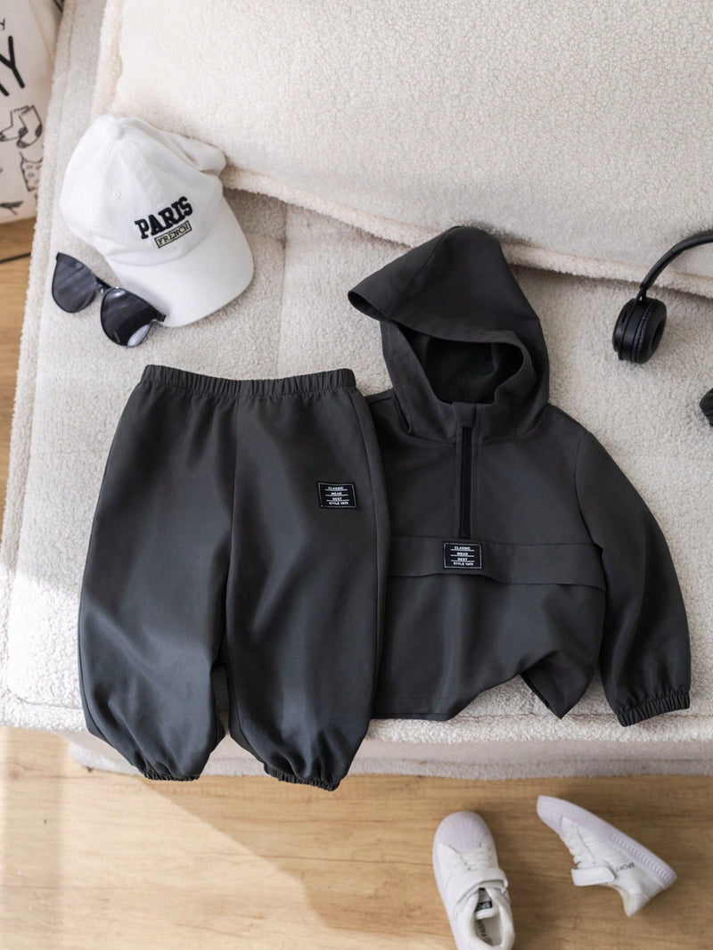 2 Peças Conjunto de Roupa de Outono Verde para Bebê Menino - Moletom com Capuz com Costura Decorativa e Calça com Cintura Elástica, Conjunto Esportivo Casual Combinável Adequado para Uso Externo e Doméstico