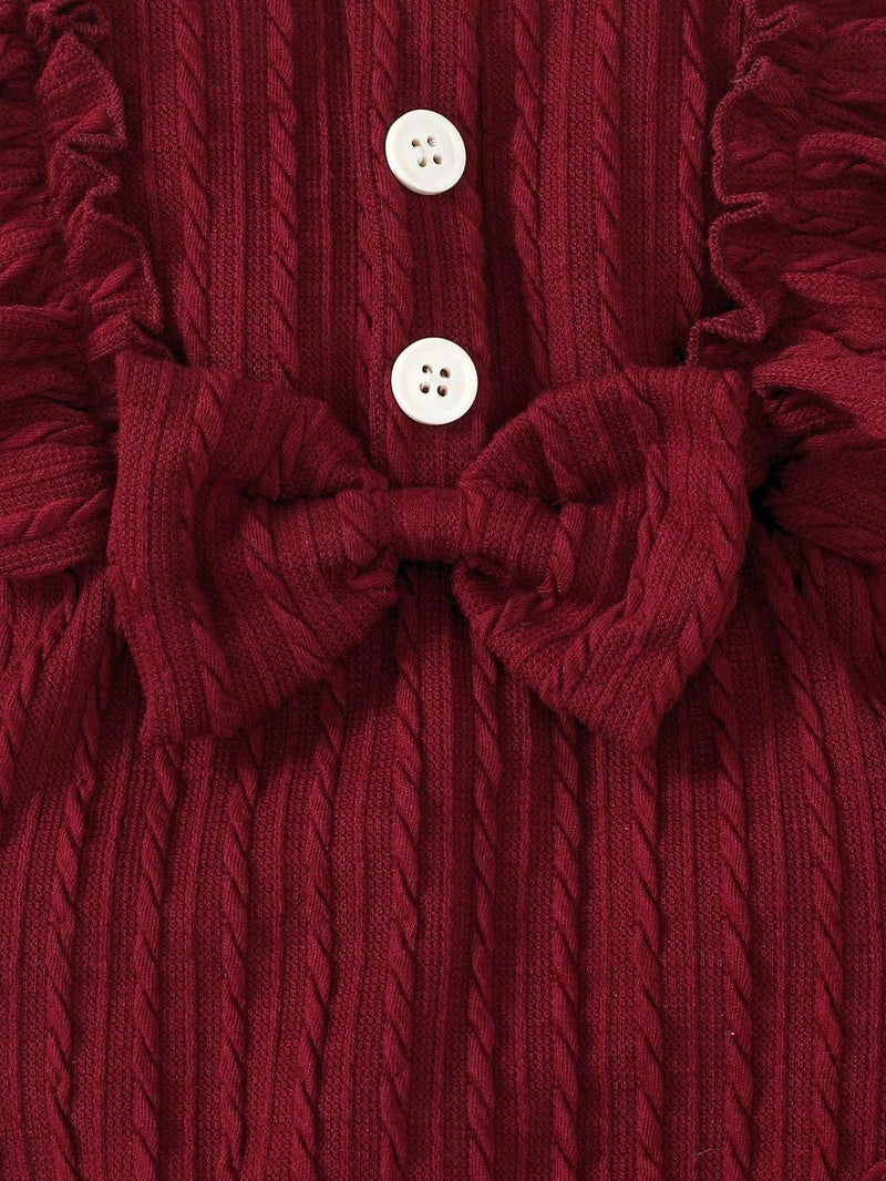 Conjunto de 3 peças Soltinho Casual para Bebê Menina com Decoração de Laço, Detalhes de Babado, Calça Longa e Faixa de Cabelo para Primavera/Outono