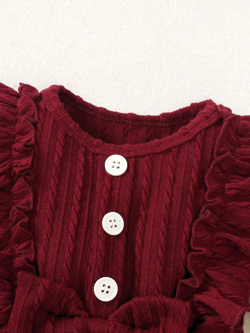 Conjunto de 3 peças Soltinho Casual para Bebê Menina com Decoração de Laço, Detalhes de Babado, Calça Longa e Faixa de Cabelo para Primavera/Outono