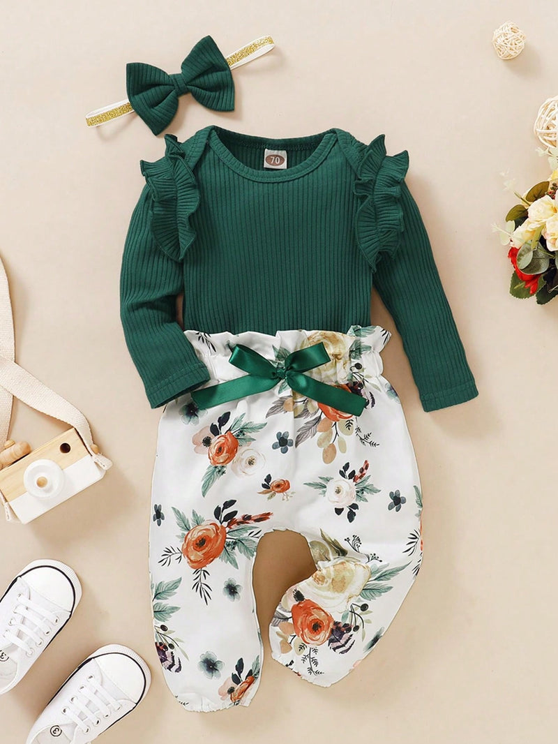 BrownBark 3 peças/Conjunto Casual de Outono para Meninas Bebês: Top Canelada de Cor Sólida + Calça Estampada + Acessório para Cabeça, Versátil