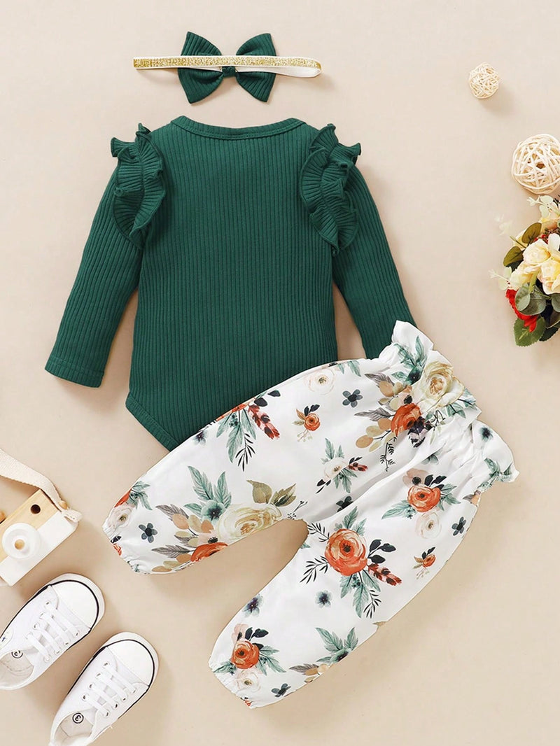 BrownBark 3 peças/Conjunto Casual de Outono para Meninas Bebês: Top Canelada de Cor Sólida + Calça Estampada + Acessório para Cabeça, Versátil