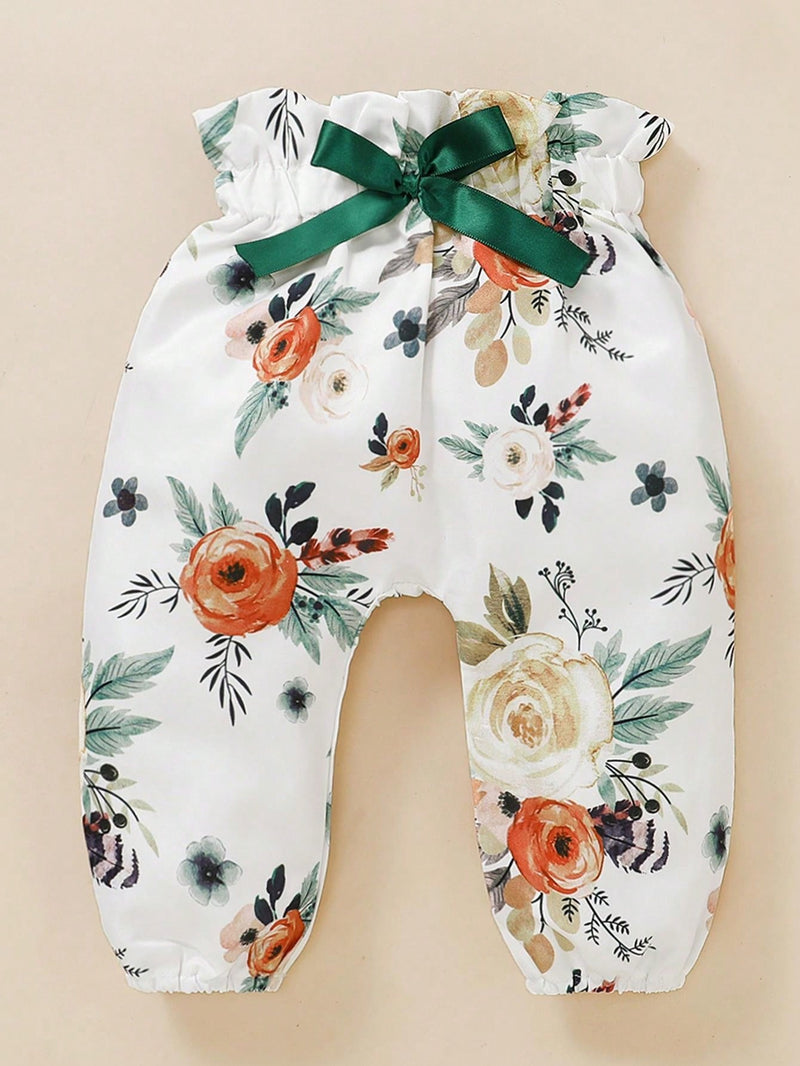 BrownBark 3 peças/Conjunto Casual de Outono para Meninas Bebês: Top Canelada de Cor Sólida + Calça Estampada + Acessório para Cabeça, Versátil