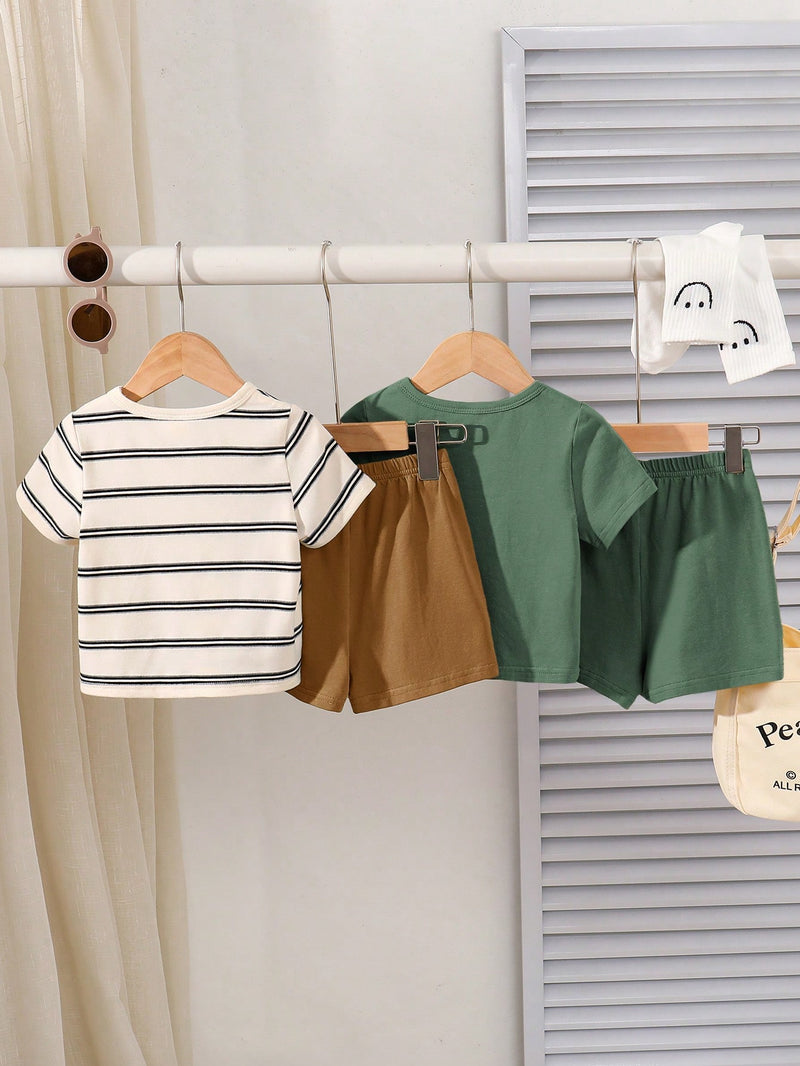 4 peças/conjunto de Verão Estilo Coreano Casual Fofo, Padrão de Desenho Animado Listrado Camiseta Manga Curta, Shorts de Elástico com Bolsos para Meninos e Meninas Bebês