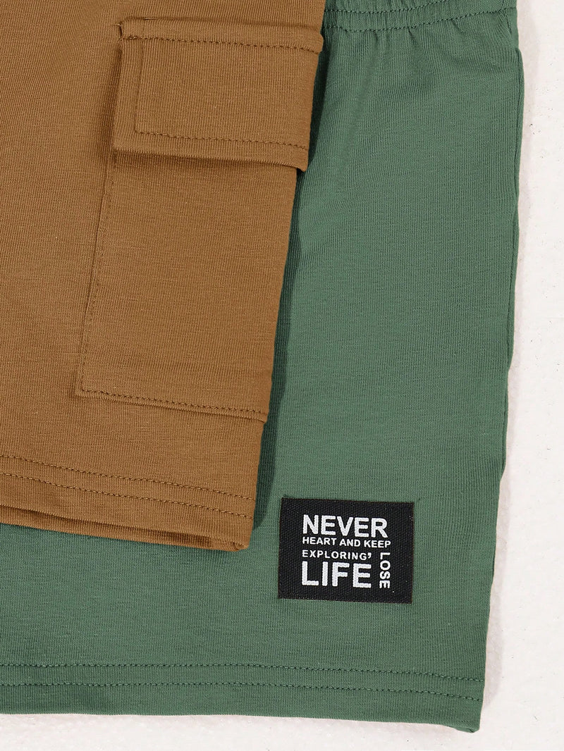 4 peças/conjunto de Verão Estilo Coreano Casual Fofo, Padrão de Desenho Animado Listrado Camiseta Manga Curta, Shorts de Elástico com Bolsos para Meninos e Meninas Bebês