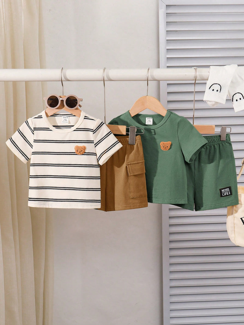 4 peças/conjunto de Verão Estilo Coreano Casual Fofo, Padrão de Desenho Animado Listrado Camiseta Manga Curta, Shorts de Elástico com Bolsos para Meninos e Meninas Bebês