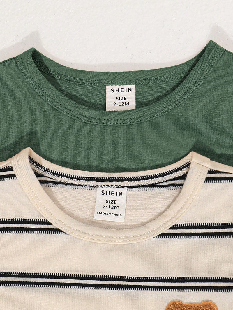 4 peças/conjunto de Verão Estilo Coreano Casual Fofo, Padrão de Desenho Animado Listrado Camiseta Manga Curta, Shorts de Elástico com Bolsos para Meninos e Meninas Bebês