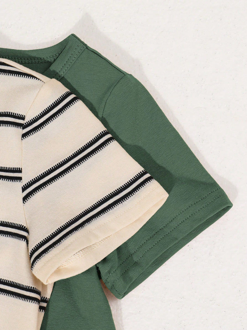 4 peças/conjunto de Verão Estilo Coreano Casual Fofo, Padrão de Desenho Animado Listrado Camiseta Manga Curta, Shorts de Elástico com Bolsos para Meninos e Meninas Bebês
