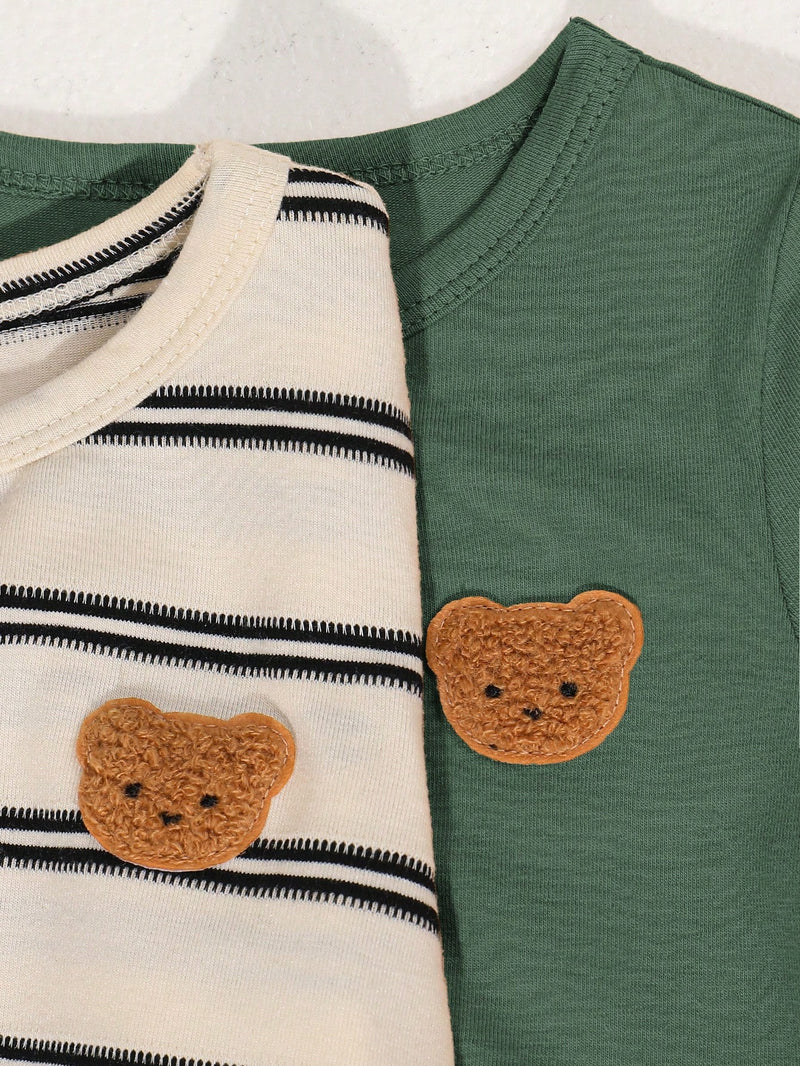 4 peças/conjunto de Verão Estilo Coreano Casual Fofo, Padrão de Desenho Animado Listrado Camiseta Manga Curta, Shorts de Elástico com Bolsos para Meninos e Meninas Bebês