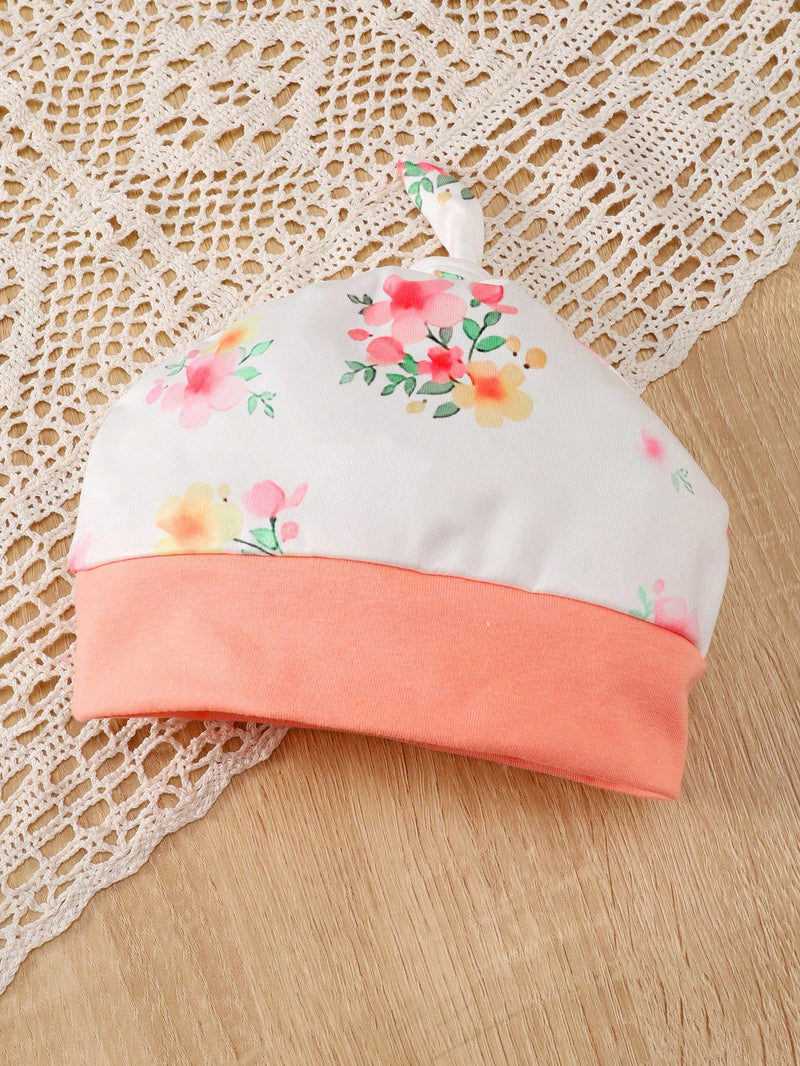 Conjunto de 3 peças para Bebês recém-nascidas, composto por uma Top fofa com estampa de elefante e decoração de borboleta com mangas curtas e gola redonda, uma calça de cor sólida e um chapéu combinando.