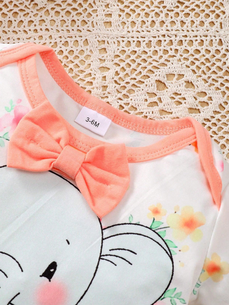 Conjunto de 3 peças para Bebês recém-nascidas, composto por uma Top fofa com estampa de elefante e decoração de borboleta com mangas curtas e gola redonda, uma calça de cor sólida e um chapéu combinando.