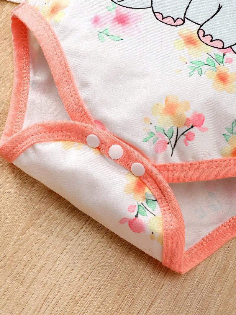 Conjunto de 3 peças para Bebês recém-nascidas, composto por uma Top fofa com estampa de elefante e decoração de borboleta com mangas curtas e gola redonda, uma calça de cor sólida e um chapéu combinando.