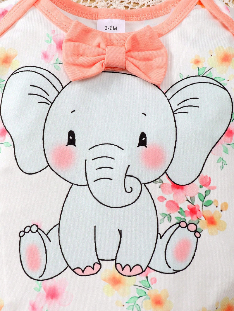 Conjunto de 3 peças para Bebês recém-nascidas, composto por uma Top fofa com estampa de elefante e decoração de borboleta com mangas curtas e gola redonda, uma calça de cor sólida e um chapéu combinando.