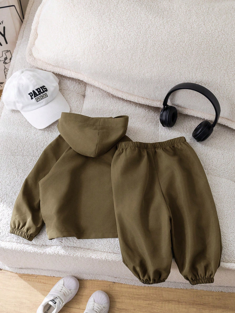 2 Peças Conjunto de Roupa de Outono Verde para Bebê Menino - Moletom com Capuz com Costura Decorativa e Calça com Cintura Elástica, Conjunto Esportivo Casual Combinável Adequado para Uso Externo e Doméstico