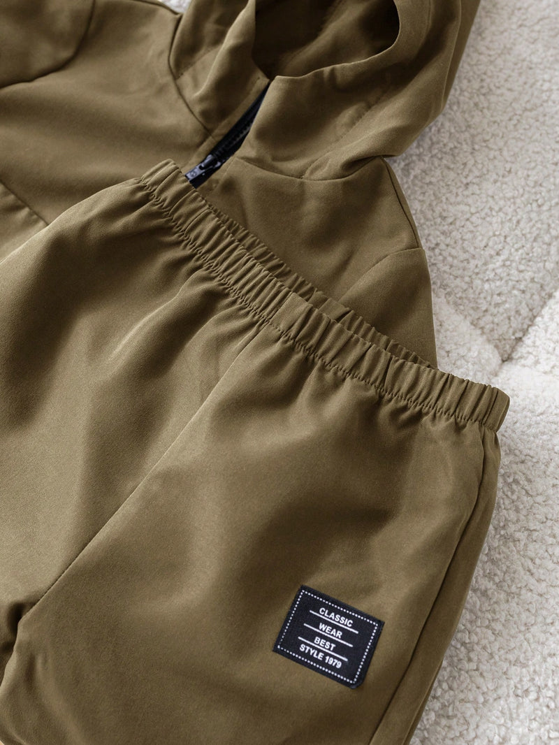 2 Peças Conjunto de Roupa de Outono Verde para Bebê Menino - Moletom com Capuz com Costura Decorativa e Calça com Cintura Elástica, Conjunto Esportivo Casual Combinável Adequado para Uso Externo e Doméstico