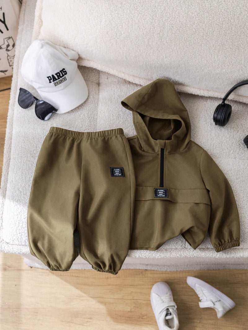 2 Peças Conjunto de Roupa de Outono Verde para Bebê Menino - Moletom com Capuz com Costura Decorativa e Calça com Cintura Elástica, Conjunto Esportivo Casual Combinável Adequado para Uso Externo e Doméstico