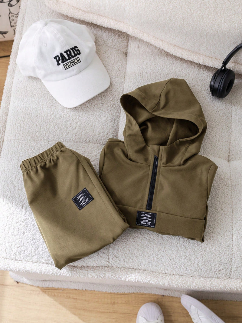 2 Peças Conjunto de Roupa de Outono Verde para Bebê Menino - Moletom com Capuz com Costura Decorativa e Calça com Cintura Elástica, Conjunto Esportivo Casual Combinável Adequado para Uso Externo e Doméstico
