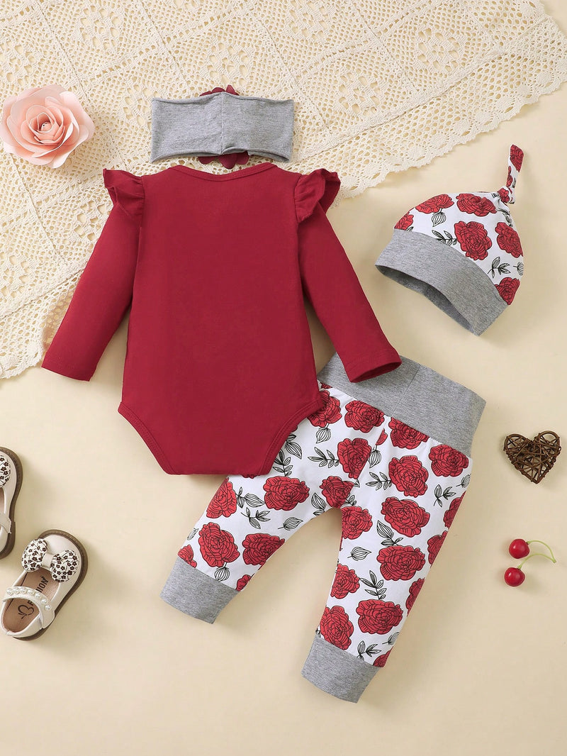 BrownBark Conjunto de 4 peças de Top e Calça e Chapéu e Faixa de Cabeça de Manga Longa com Estampa de Alfabeto para Bebê Menina na Primavera e Outono.