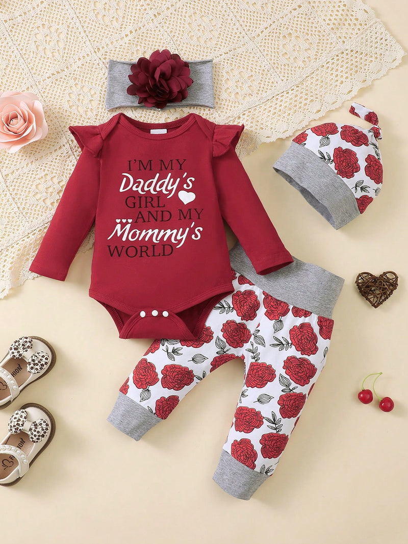 BrownBark Conjunto de 4 peças de Top e Calça e Chapéu e Faixa de Cabeça de Manga Longa com Estampa de Alfabeto para Bebê Menina na Primavera e Outono.