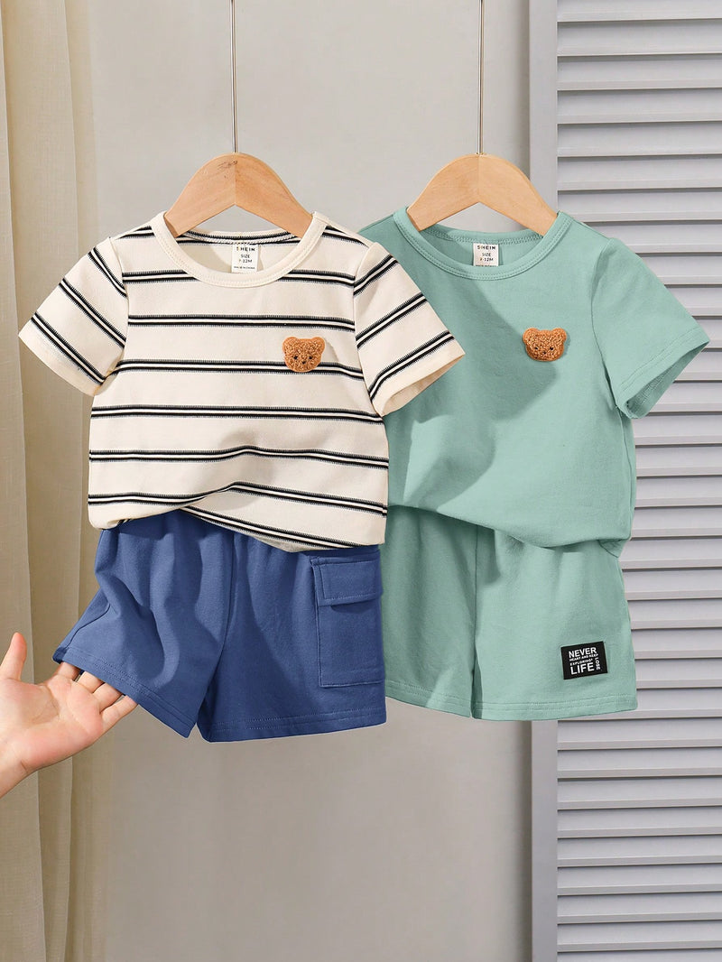 4 peças/conjunto de Verão Estilo Coreano Casual Fofo, Padrão de Desenho Animado Listrado Camiseta Manga Curta, Shorts de Elástico com Bolsos para Meninos e Meninas Bebês