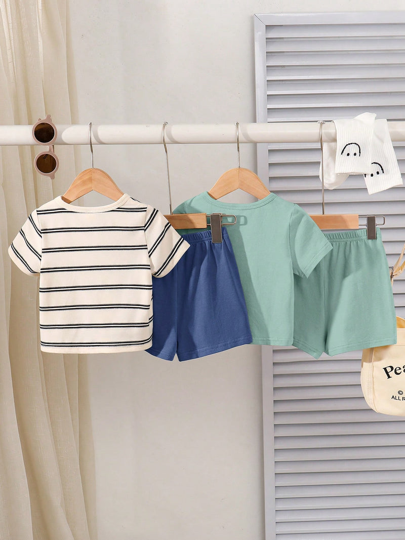 4 peças/conjunto de Verão Estilo Coreano Casual Fofo, Padrão de Desenho Animado Listrado Camiseta Manga Curta, Shorts de Elástico com Bolsos para Meninos e Meninas Bebês