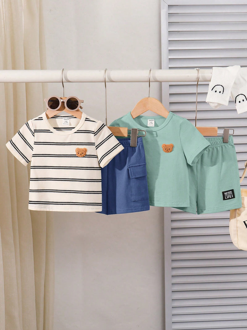 4 peças/conjunto de Verão Estilo Coreano Casual Fofo, Padrão de Desenho Animado Listrado Camiseta Manga Curta, Shorts de Elástico com Bolsos para Meninos e Meninas Bebês