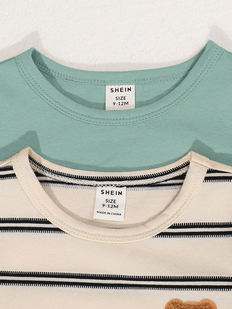 4 peças/conjunto de Verão Estilo Coreano Casual Fofo, Padrão de Desenho Animado Listrado Camiseta Manga Curta, Shorts de Elástico com Bolsos para Meninos e Meninas Bebês