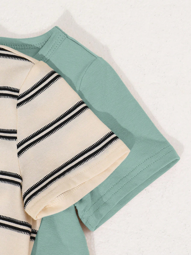 4 peças/conjunto de Verão Estilo Coreano Casual Fofo, Padrão de Desenho Animado Listrado Camiseta Manga Curta, Shorts de Elástico com Bolsos para Meninos e Meninas Bebês