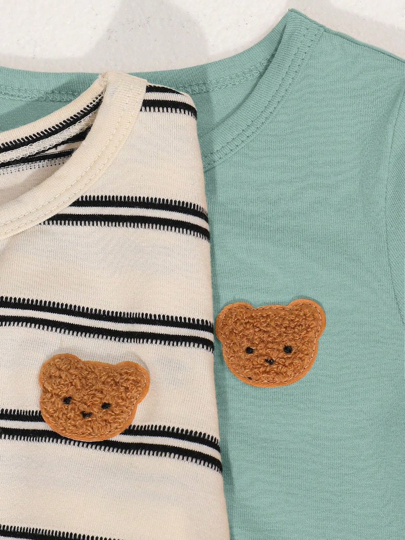 4 peças/conjunto de Verão Estilo Coreano Casual Fofo, Padrão de Desenho Animado Listrado Camiseta Manga Curta, Shorts de Elástico com Bolsos para Meninos e Meninas Bebês