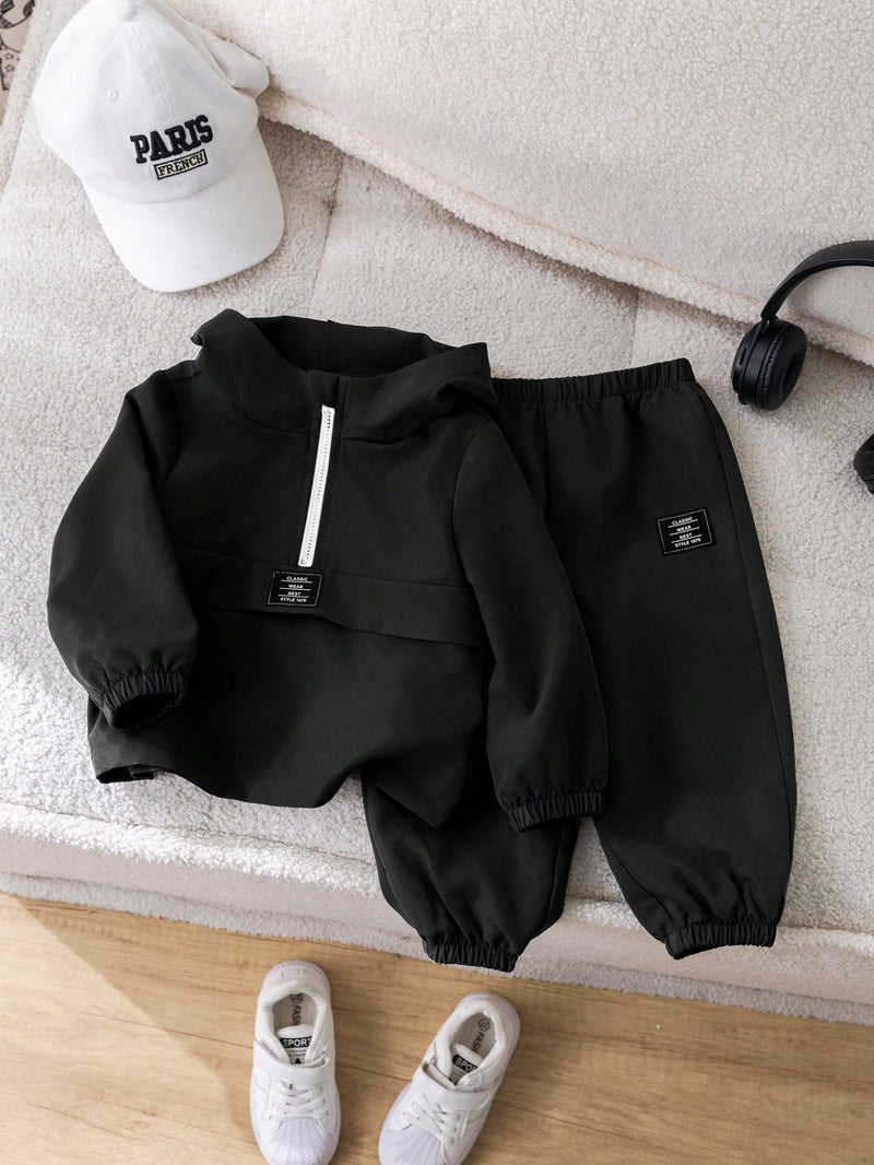 2 Peças Conjunto de Roupa de Outono Verde para Bebê Menino - Moletom com Capuz com Costura Decorativa e Calça com Cintura Elástica, Conjunto Esportivo Casual Combinável Adequado para Uso Externo e Doméstico