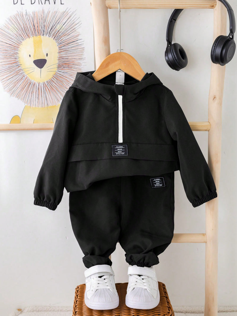 2 Peças Conjunto de Roupa de Outono Verde para Bebê Menino - Moletom com Capuz com Costura Decorativa e Calça com Cintura Elástica, Conjunto Esportivo Casual Combinável Adequado para Uso Externo e Doméstico