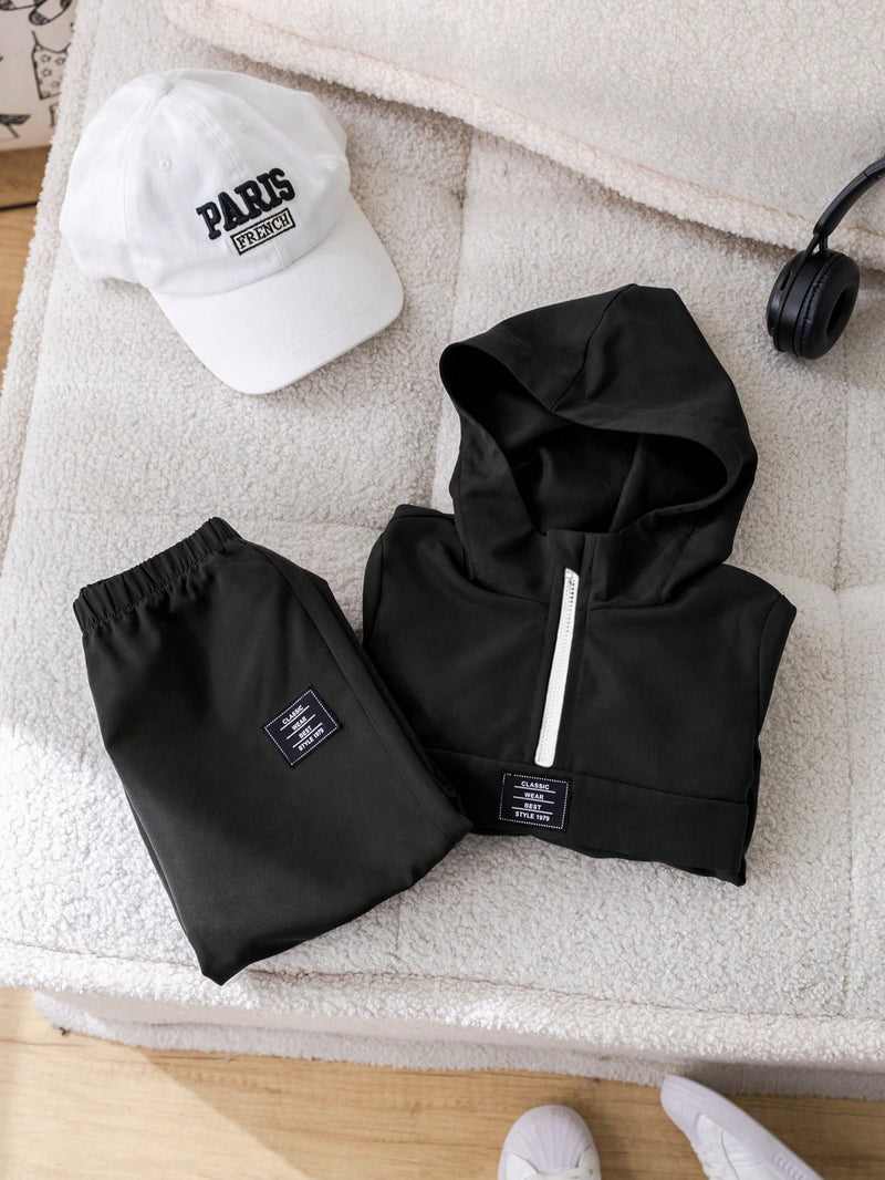 2 Peças Conjunto de Roupa de Outono Verde para Bebê Menino - Moletom com Capuz com Costura Decorativa e Calça com Cintura Elástica, Conjunto Esportivo Casual Combinável Adequado para Uso Externo e Doméstico
