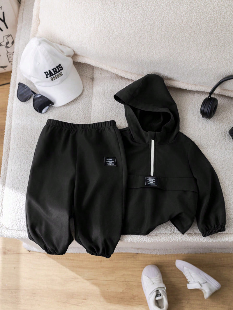 2 Peças Conjunto de Roupa de Outono Verde para Bebê Menino - Moletom com Capuz com Costura Decorativa e Calça com Cintura Elástica, Conjunto Esportivo Casual Combinável Adequado para Uso Externo e Doméstico