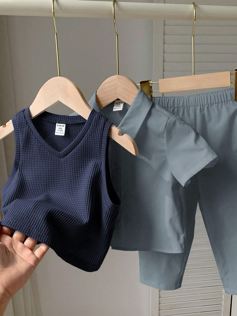 3 peças/Conjunto Menino Bebê Azul e Branco Top Polo de Manga Curta para Verão/Outono, Colete Sólido e Calça, Estilo Cavalheiro Britânico, Macio e Versátil para Festa de Aniversário, Batizado, 1º Aniversário, Eventos, Casamentos
