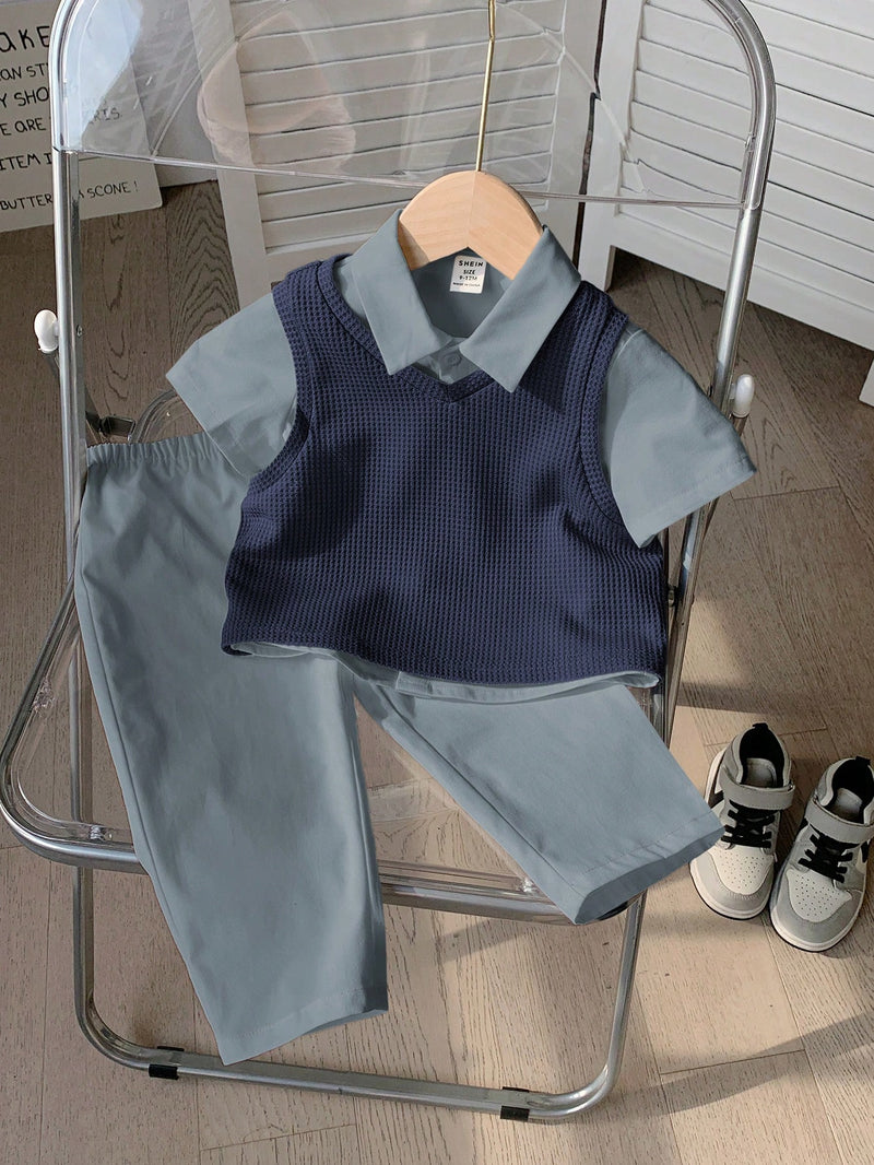 3 peças/Conjunto Menino Bebê Azul e Branco Top Polo de Manga Curta para Verão/Outono, Colete Sólido e Calça, Estilo Cavalheiro Britânico, Macio e Versátil para Festa de Aniversário, Batizado, 1º Aniversário, Eventos, Casamentos