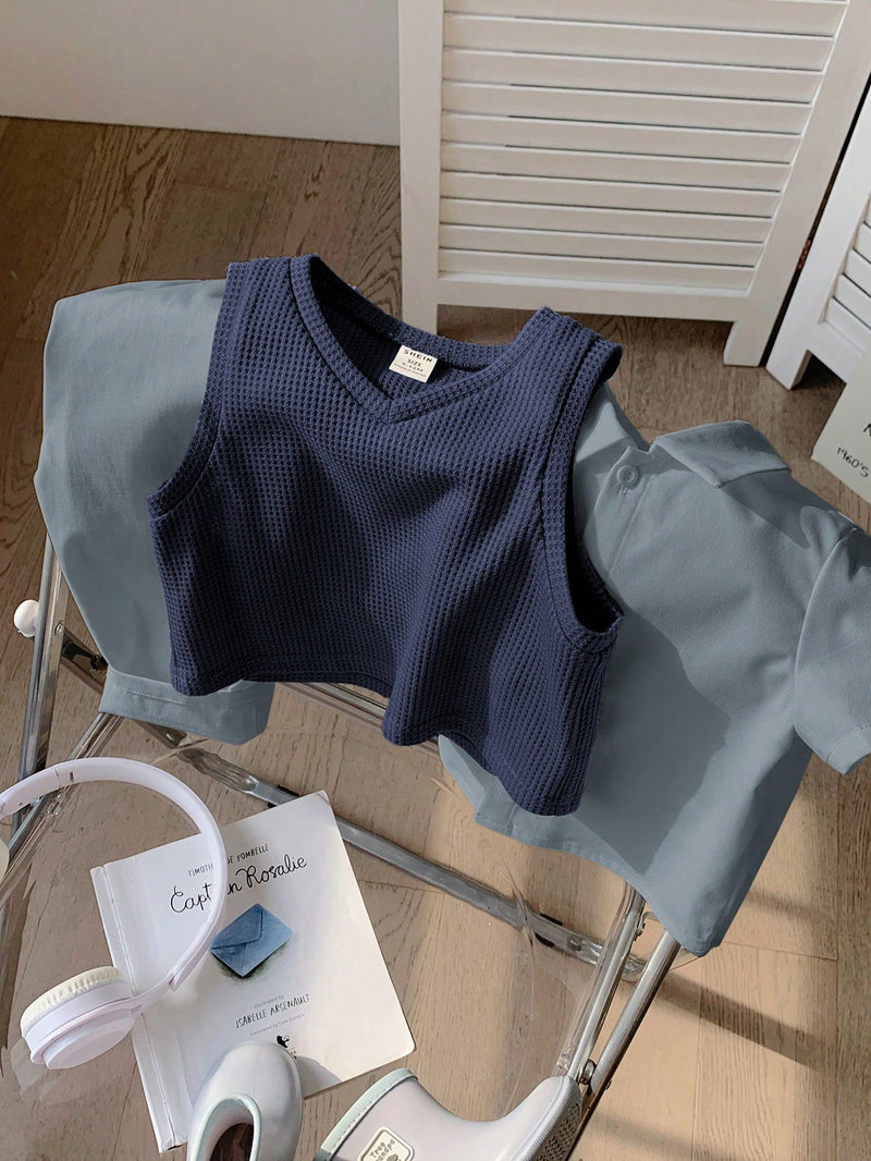 3 peças/Conjunto Menino Bebê Azul e Branco Top Polo de Manga Curta para Verão/Outono, Colete Sólido e Calça, Estilo Cavalheiro Britânico, Macio e Versátil para Festa de Aniversário, Batizado, 1º Aniversário, Eventos, Casamentos