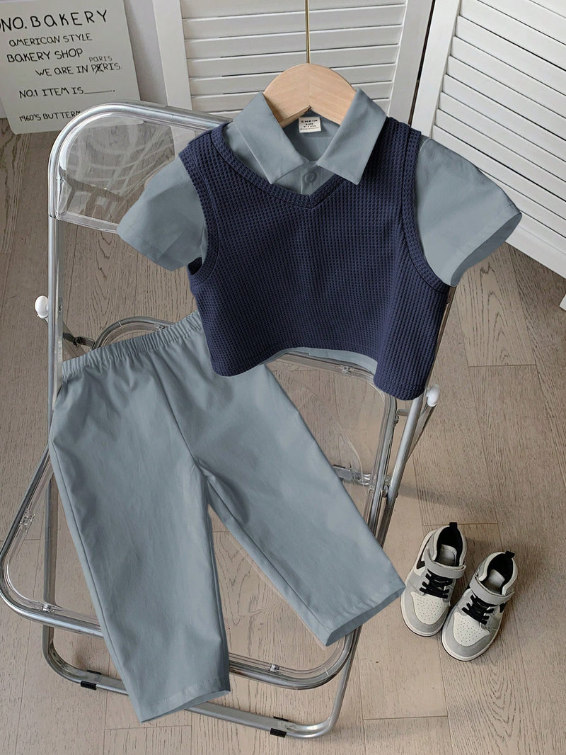 3 peças/Conjunto Menino Bebê Azul e Branco Top Polo de Manga Curta para Verão/Outono, Colete Sólido e Calça, Estilo Cavalheiro Britânico, Macio e Versátil para Festa de Aniversário, Batizado, 1º Aniversário, Eventos, Casamentos