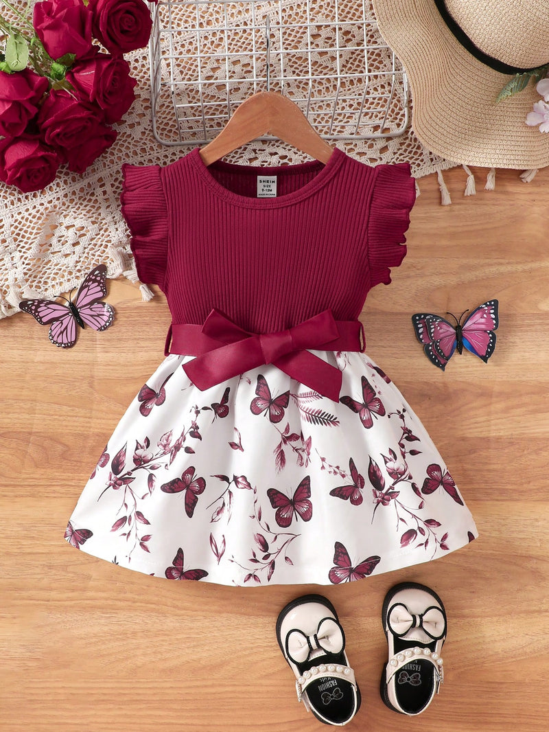 Vestido Fofo Casual e Romântico de Borboleta com Cinto Estampado com Padrão Diário Básico para Bebê Menina, Adequado para Passeios