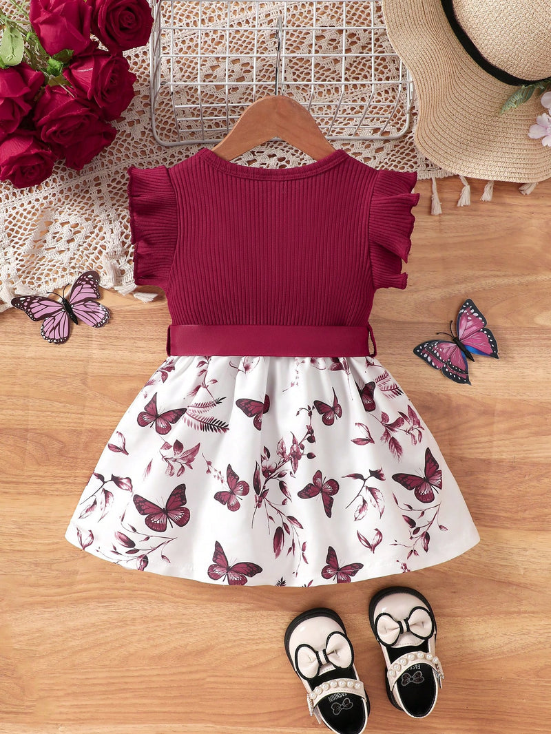 Vestido Fofo Casual e Romântico de Borboleta com Cinto Estampado com Padrão Diário Básico para Bebê Menina, Adequado para Passeios