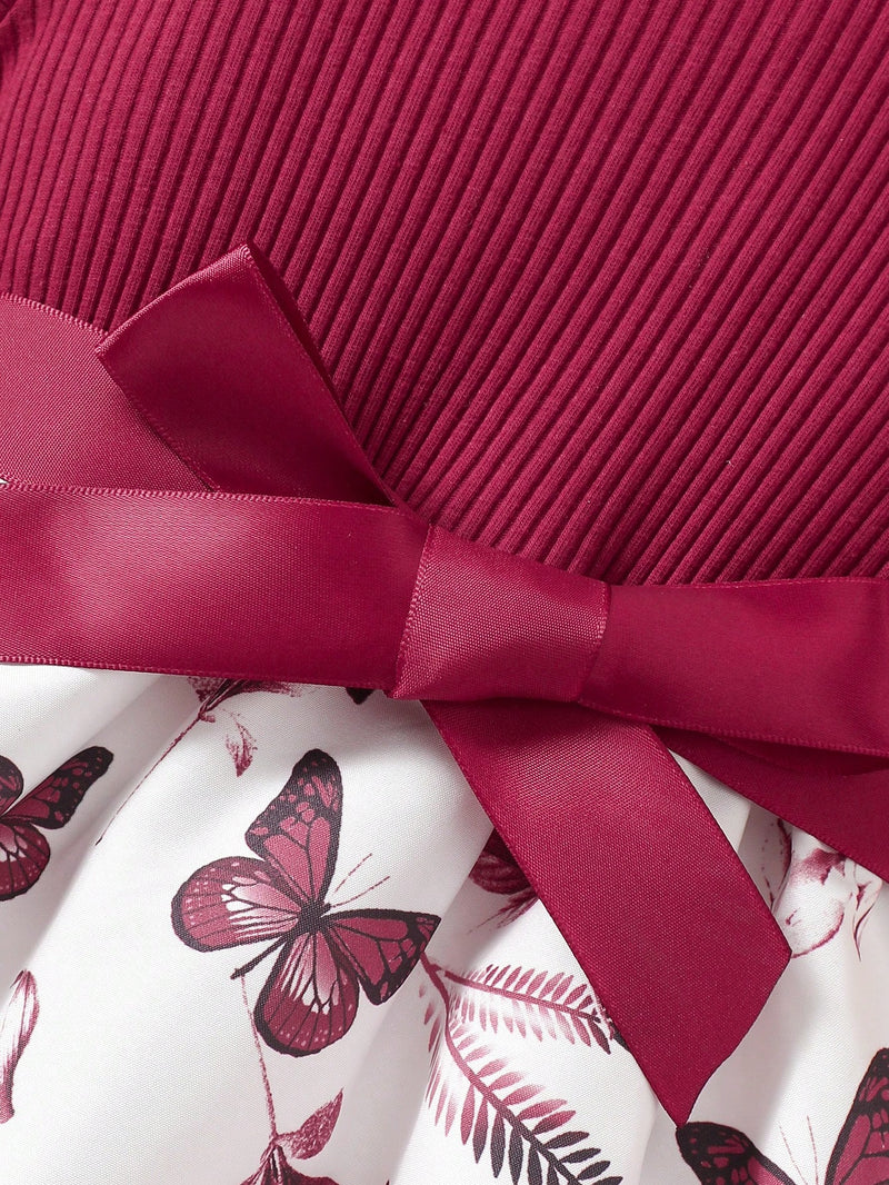 Vestido Fofo Casual e Romântico de Borboleta com Cinto Estampado com Padrão Diário Básico para Bebê Menina, Adequado para Passeios