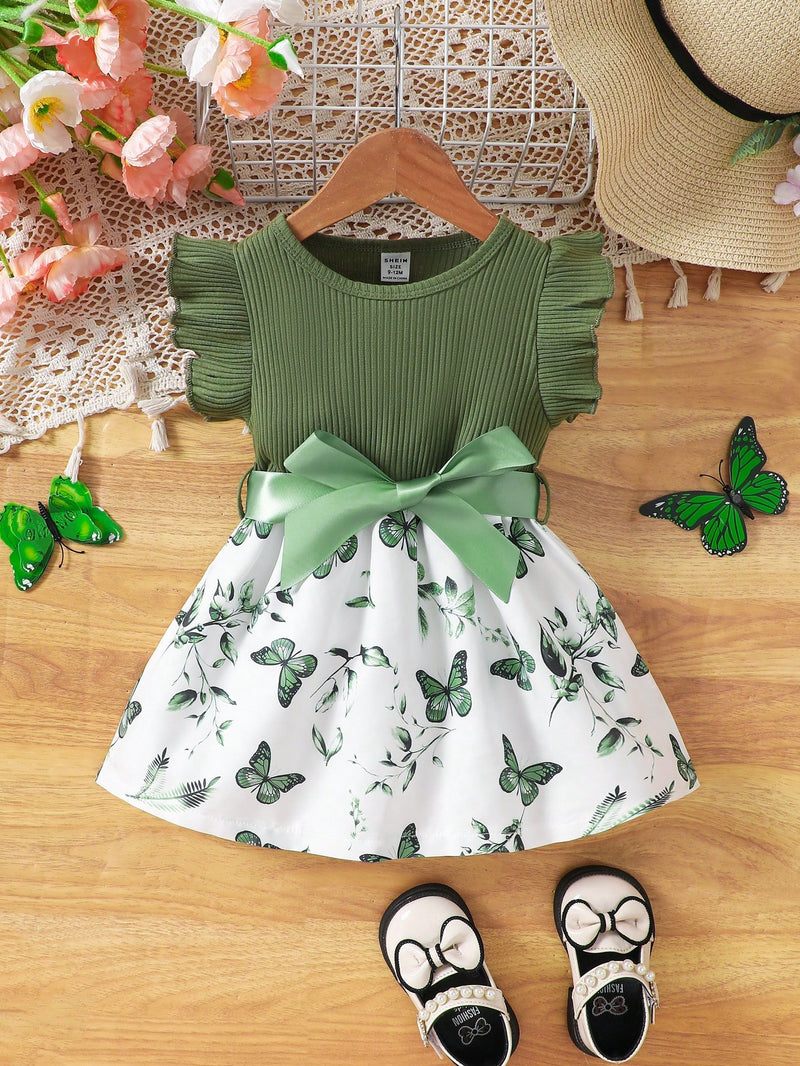 Vestido Fofo Casual e Romântico de Borboleta com Cinto Estampado com Padrão Diário Básico para Bebê Menina, Adequado para Passeios