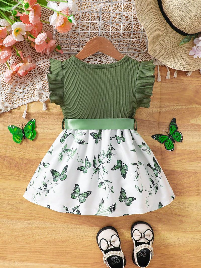 Vestido Fofo Casual e Romântico de Borboleta com Cinto Estampado com Padrão Diário Básico para Bebê Menina, Adequado para Passeios