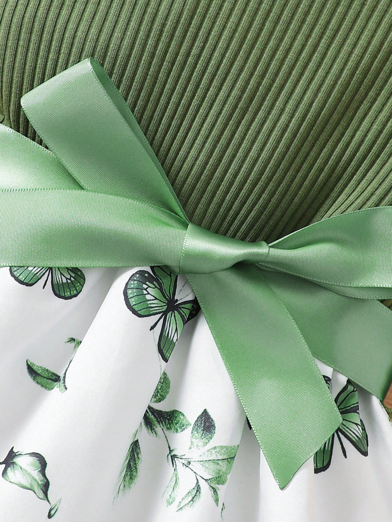 Vestido Fofo Casual e Romântico de Borboleta com Cinto Estampado com Padrão Diário Básico para Bebê Menina, Adequado para Passeios