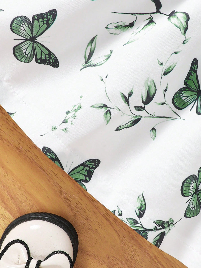 Vestido Fofo Casual e Romântico de Borboleta com Cinto Estampado com Padrão Diário Básico para Bebê Menina, Adequado para Passeios
