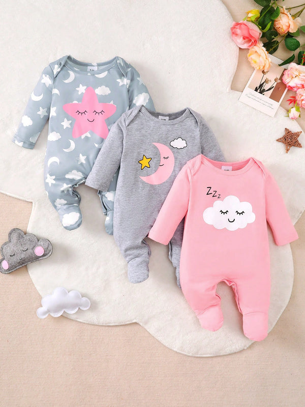 3 peças Conjunto de Macacão de Manga Longa com Decote Redondo Casual para Recém-Nascidos Meninas com Estampa de Estrela, Lua e Nuvem