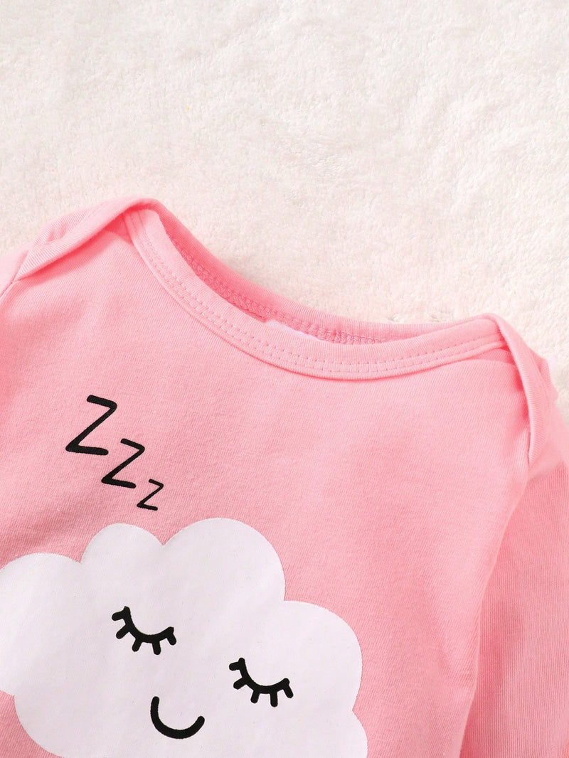 3 peças Conjunto de Macacão de Manga Longa com Decote Redondo Casual para Recém-Nascidos Meninas com Estampa de Estrela, Lua e Nuvem