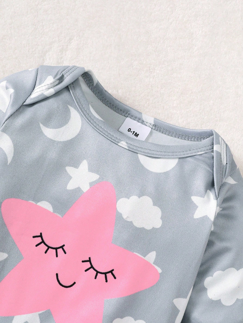 3 peças Conjunto de Macacão de Manga Longa com Decote Redondo Casual para Recém-Nascidos Meninas com Estampa de Estrela, Lua e Nuvem
