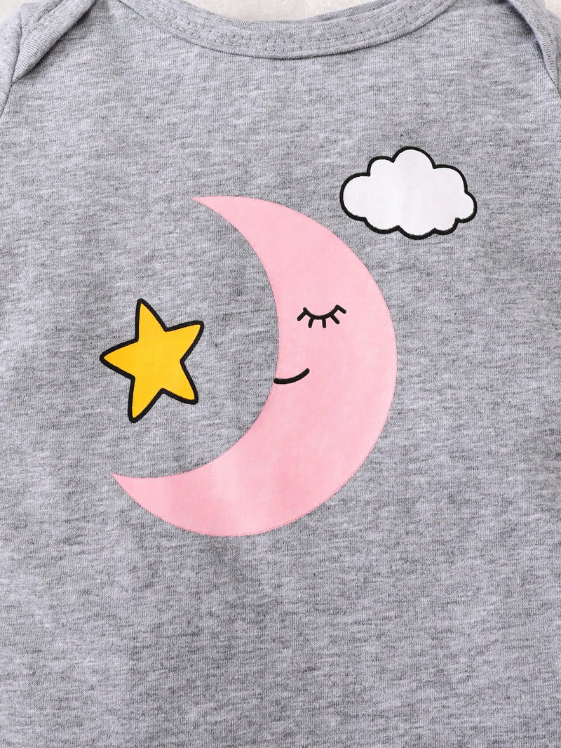 3 peças Conjunto de Macacão de Manga Longa com Decote Redondo Casual para Recém-Nascidos Meninas com Estampa de Estrela, Lua e Nuvem